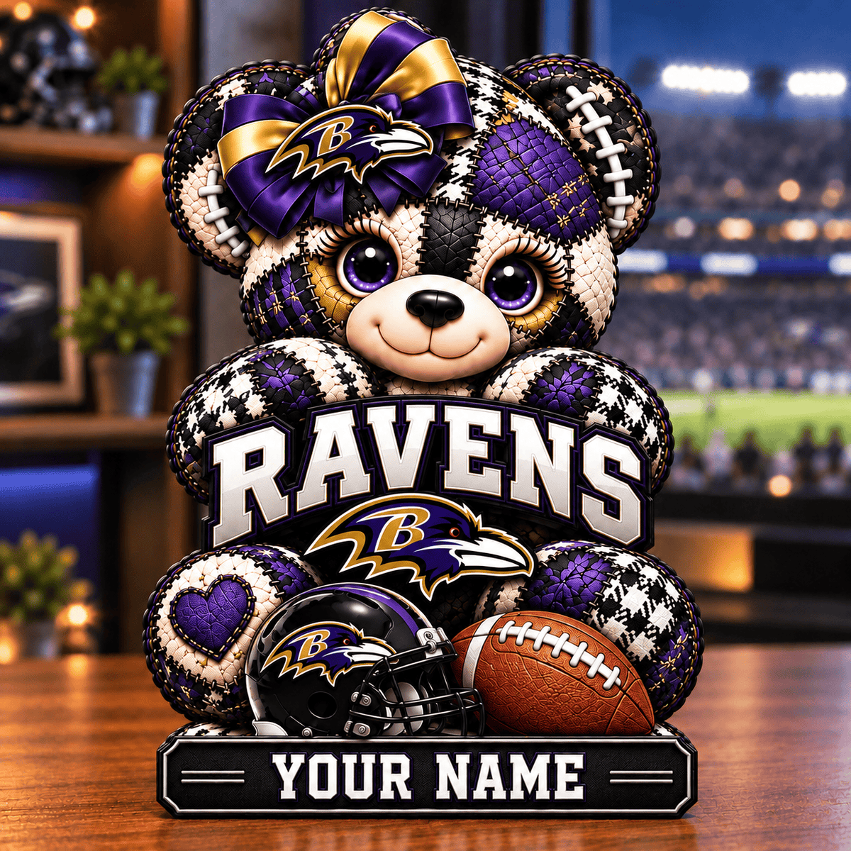 Baltimore Ravens Patchwork Teddy Bear Acrylic Plaque Custom Any Name Gifts For Fan