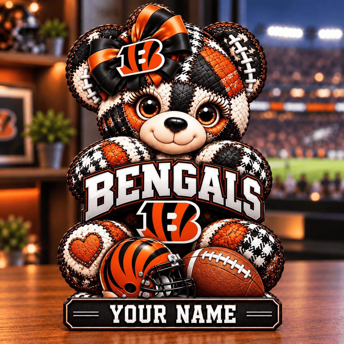 Cincinnati Bengals Patchwork Teddy Bear Acrylic Plaque Custom Any Name Gifts For Fan
