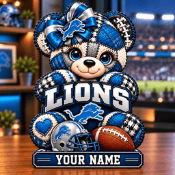Detroit Lions Patchwork Teddy Bear Acrylic Plaque Custom Any Name Gifts For Fan