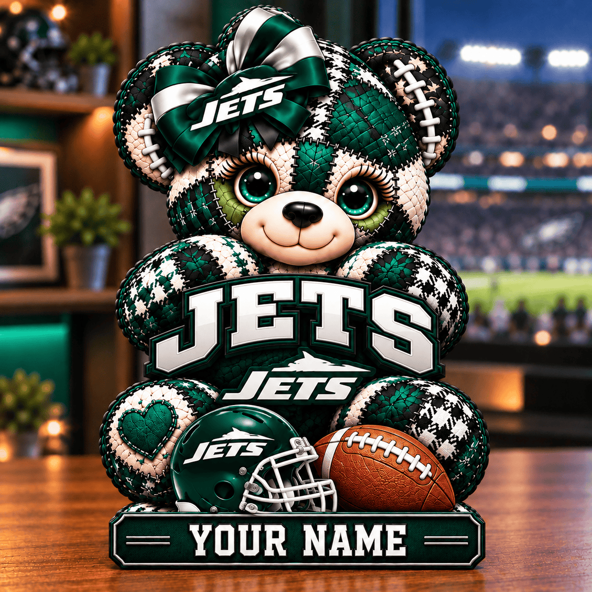 New York Jets Patchwork Teddy Bear Acrylic Plaque Custom Any Name Gifts For Fan
