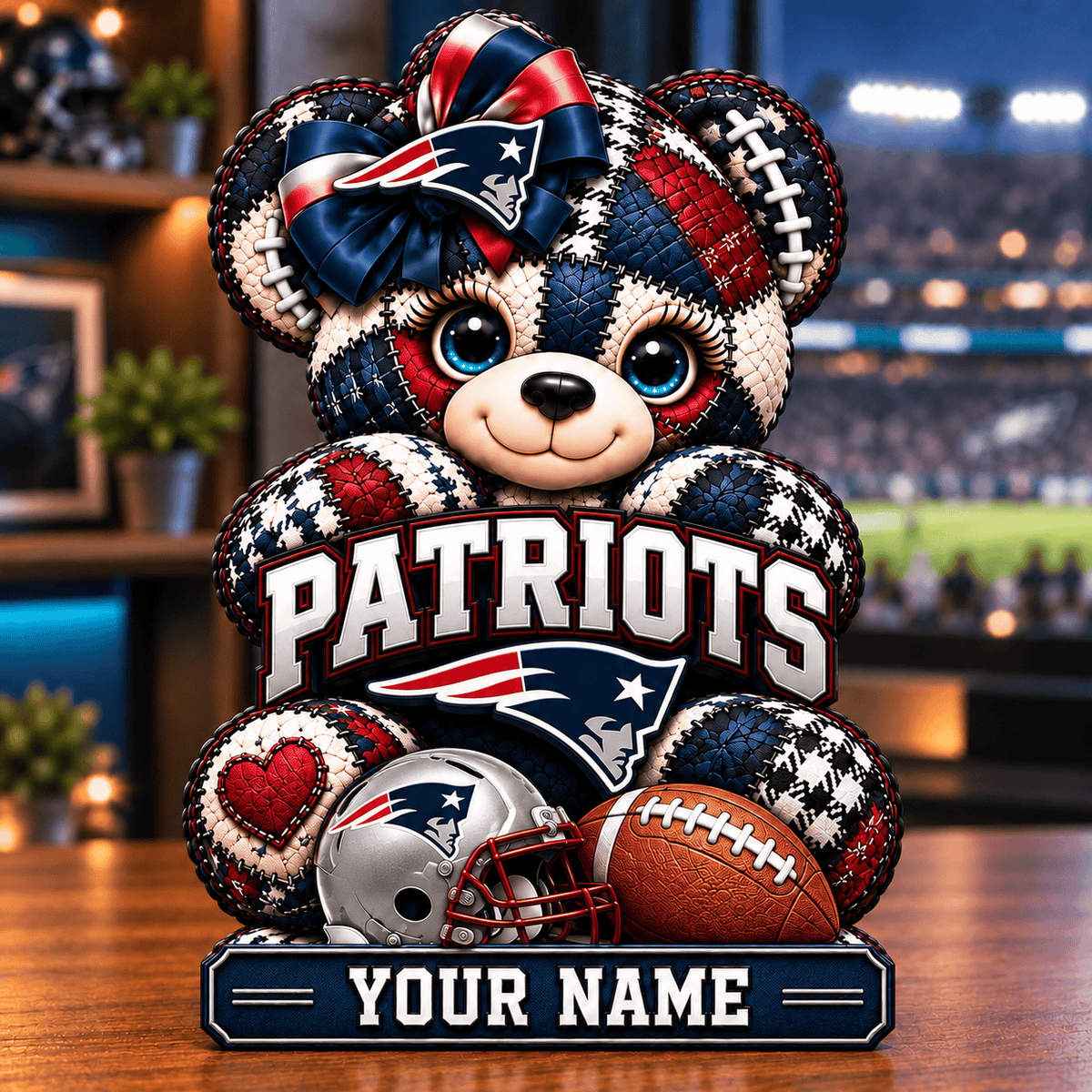 New England Patriots Patchwork Teddy Bear Acrylic Plaque Custom Any Name Gifts For Fan