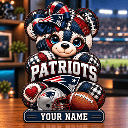 New England Patriots Patchwork Teddy Bear Acrylic Plaque Custom Any Name Gifts For Fan