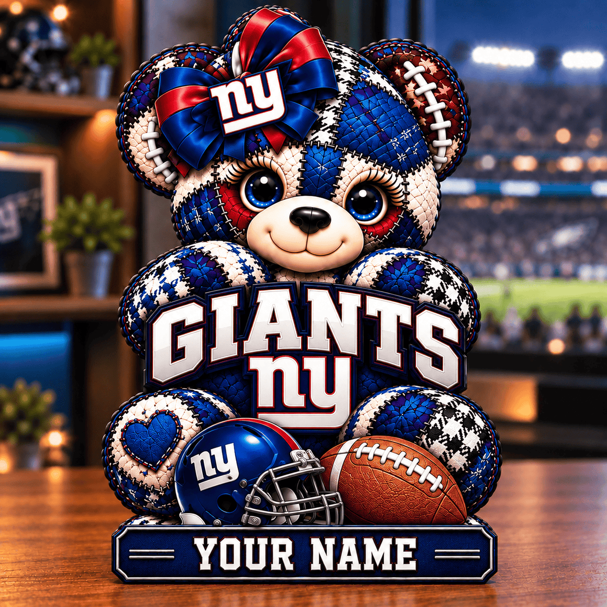 New York Giants Patchwork Teddy Bear Acrylic Plaque Custom Any Name Gifts For Fan