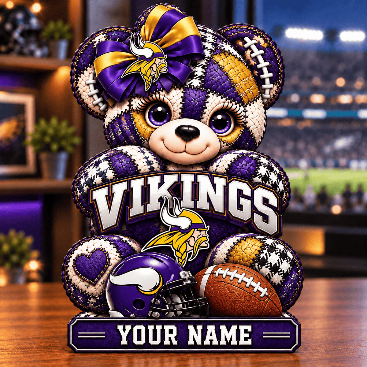 Minnesota Vikings Patchwork Teddy Bear Acrylic Plaque Custom Any Name Gifts For Fan