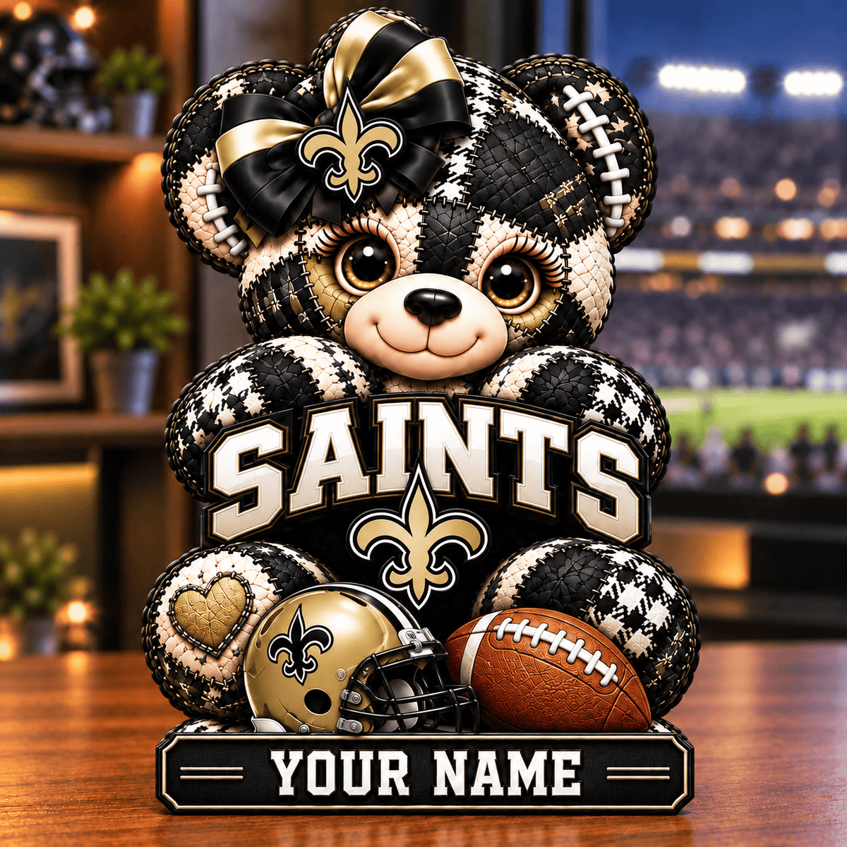 New Orleans Saints Patchwork Teddy Bear Acrylic Plaque Custom Any Name Gifts For Fan