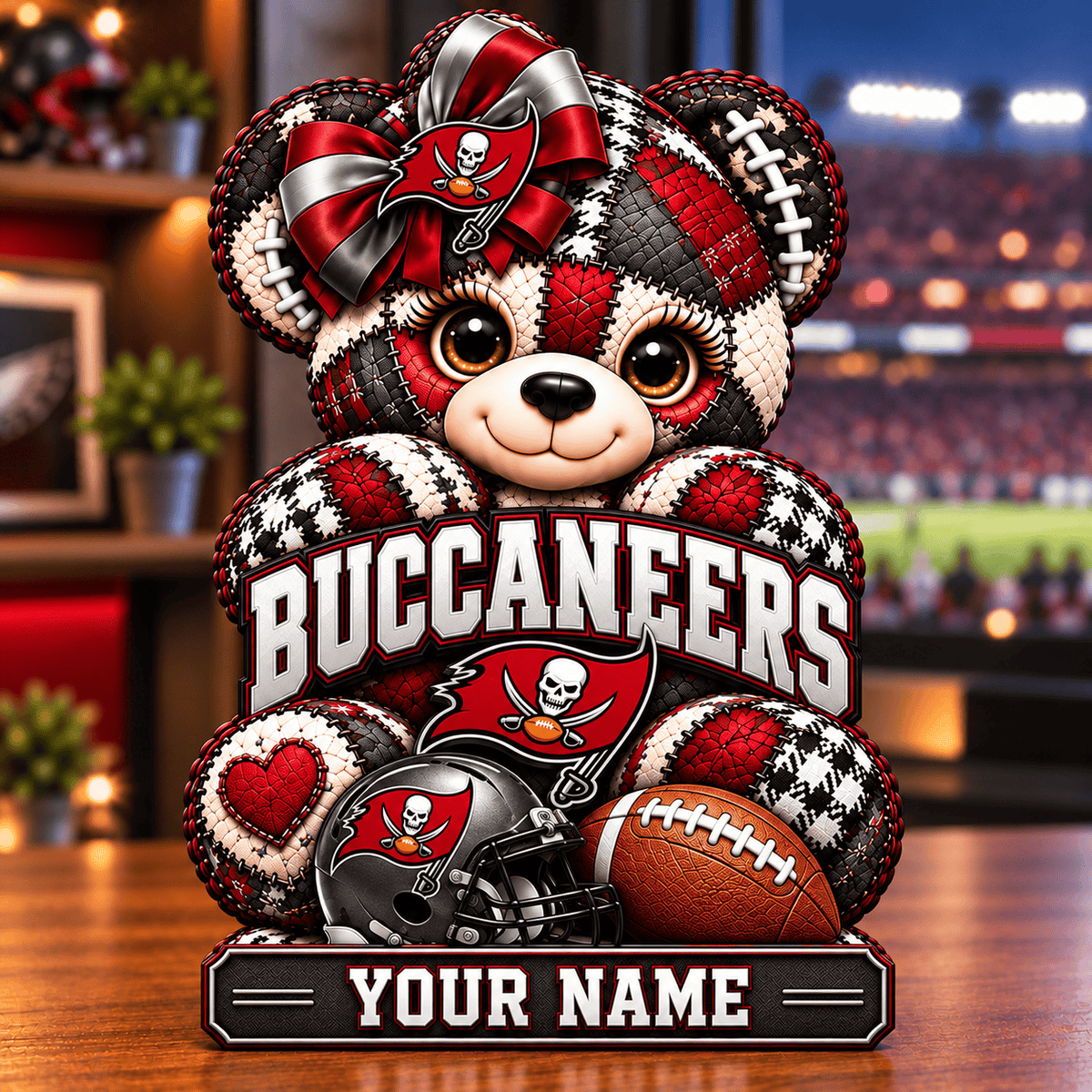 Tampa Bay Buccaneers Patchwork Teddy Bear Acrylic Plaque Custom Any Name Gifts For Fan