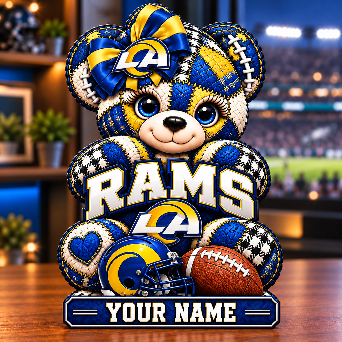 Los Angeles Rams Patchwork Teddy Bear Acrylic Plaque Custom Any Name Gifts For Fan