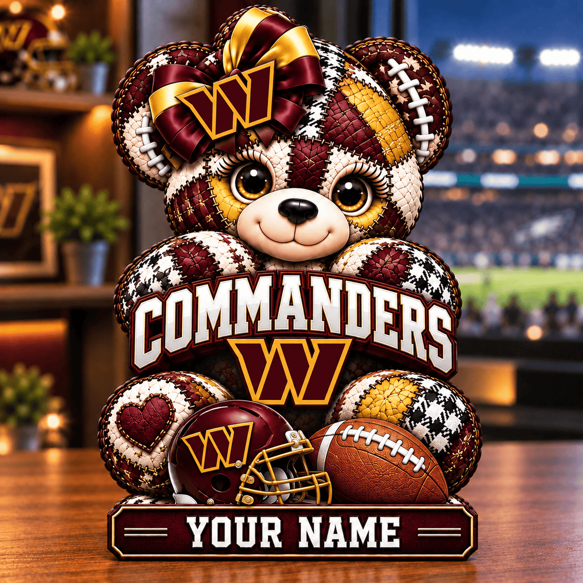 Washington Commanders Patchwork Teddy Bear Acrylic Plaque Custom Any Name Gifts For Fan