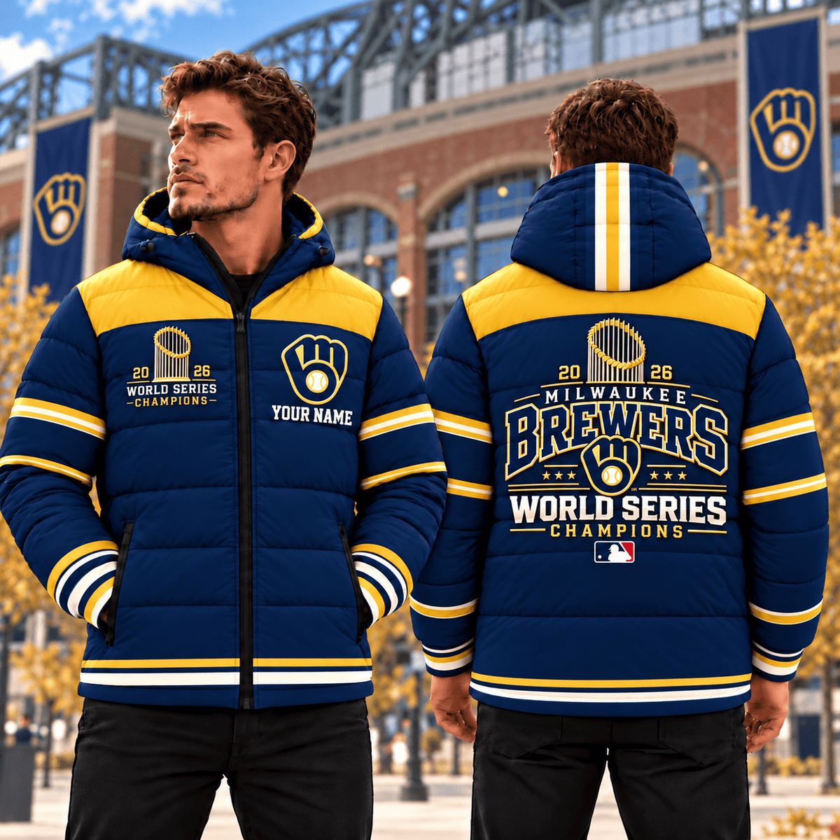 Milwaukee Brewers 2026 World Series Champions Waterproof Thickened Down Jacket Custom Name Gift For Fan
