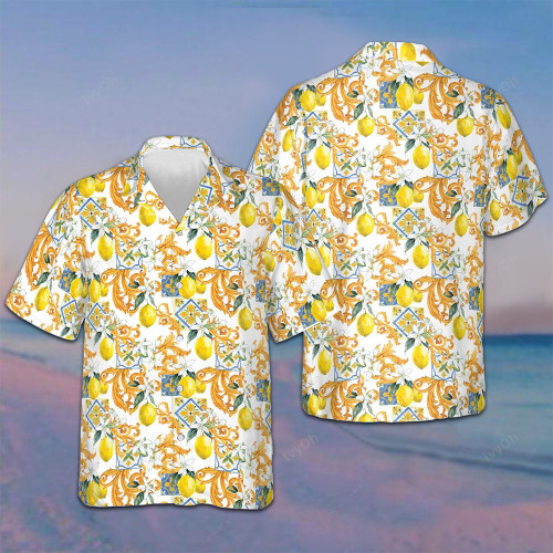 Sicilian Style Lemon Print Hawaiian Shirt Men's Vacation Button Up Shirts Gift For Brother