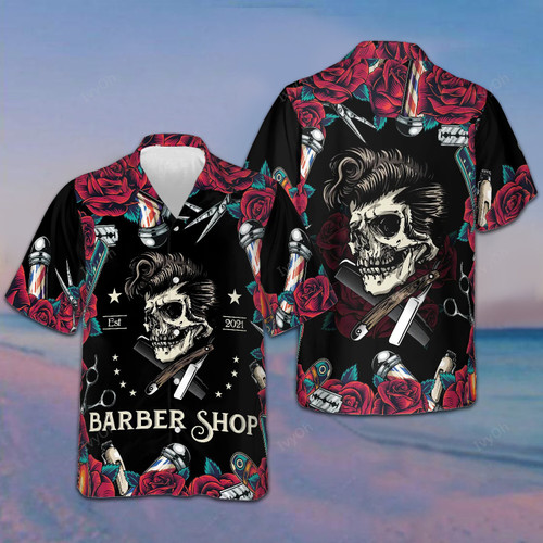 Rose And The Barber Skull Hawaiian Shirt Button Up Beach Shirts Mens Barber Gifts