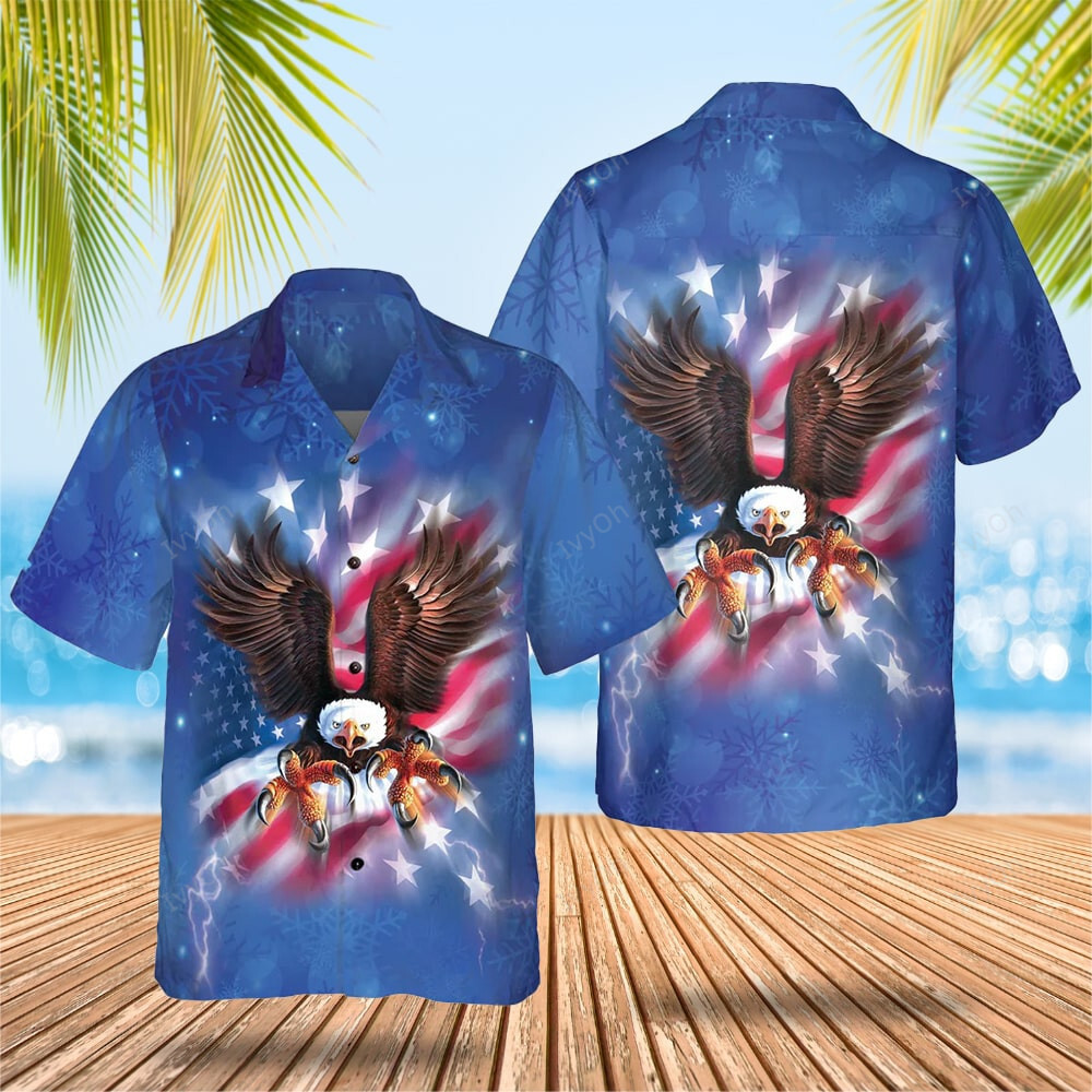 Eagle Fly With American Flag Hawaiian Shirt Patriotic Button Down Shirt Gifts For Dad