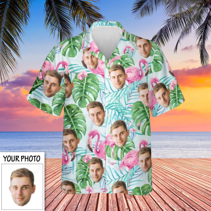 Custom Photo Hawaiian Shirt Palm Leaves Flamingo Button Up Shirt Gifts For Him