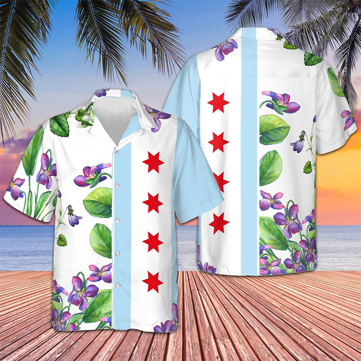 Chicago Flag Viola Sororia Flower Hawaiian Shirt Gifts For Chicago Lovers
