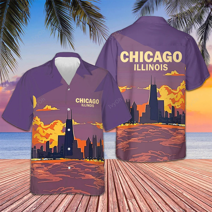Chicago Illinois Hawaiian Shirt Mens Button Up Shirt Chicago Themed Gifts For Him