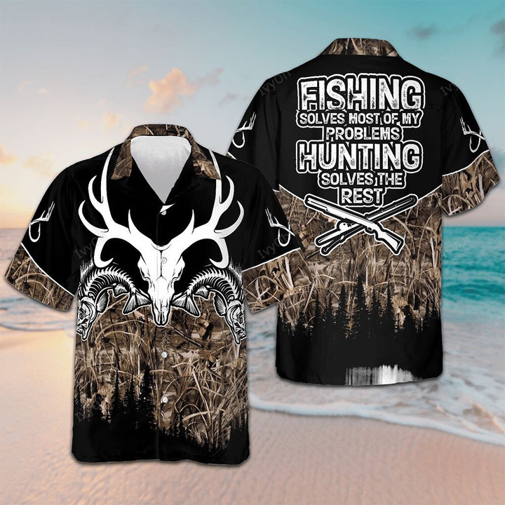 Hunting Fishing Solve All My Problems Hawaiian Shirt Mens Button Up Shirts Summer