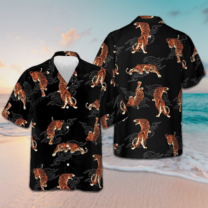 Japanese Tiger Hawaiian Shirt Men's Black Button Up Shirt Best Summer Gifts