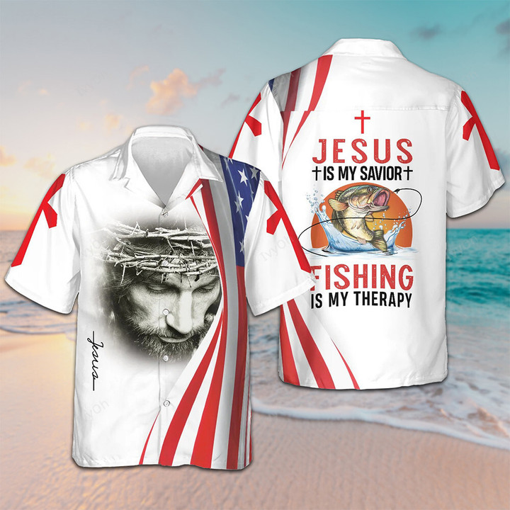 Jesus Is My Savior Fishing Is My Therapy Hawaiian Shirt Gifts For Fishing Lovers Christian