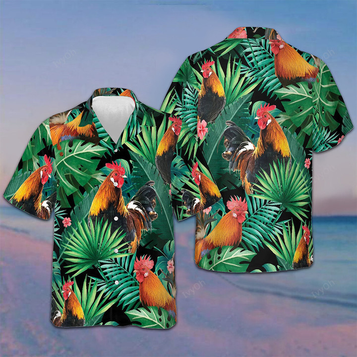 Tropical Rooster Pattern Hawaiian Shirt Summer Button Up Shirts Gifts For Rooster Lovers