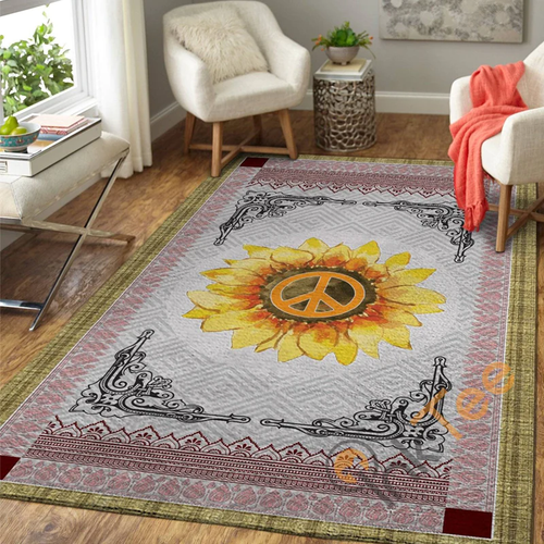 Mandala Sunflower And Peace Sign Hippie Large Area Rugs Highlight For Home, Living Room & Outdoor Area Rug