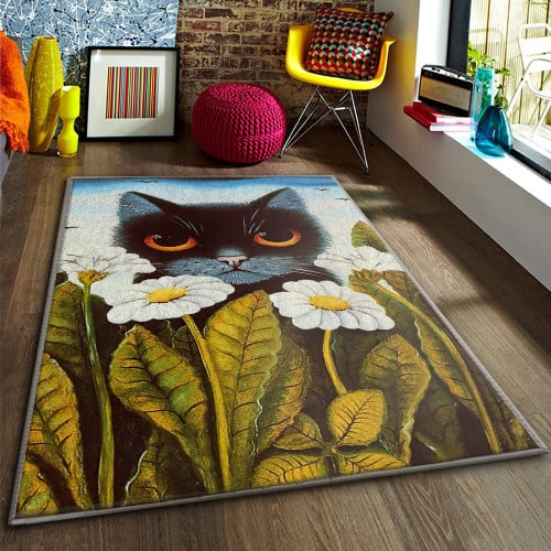 Cat With Flowers Rectangle Rug Gift For Cat Lover
