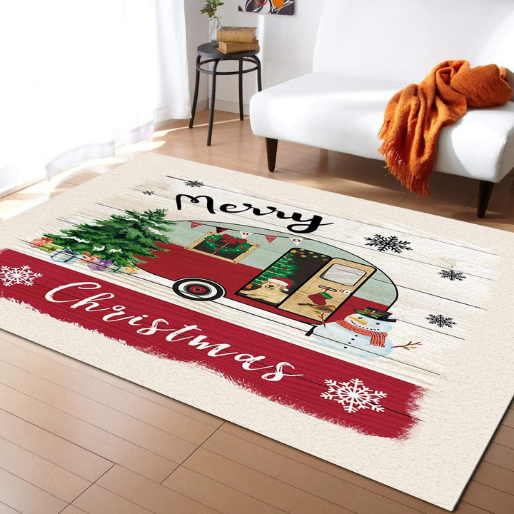 Merry Christmas Car Snowman Large Area Rugs Highlight For Home, Living Room & Outdoor Area Rug