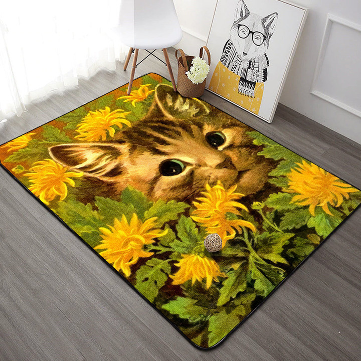Shy Cat With Chrysanthemum Rectangle Rug Gift For Cat Lover
