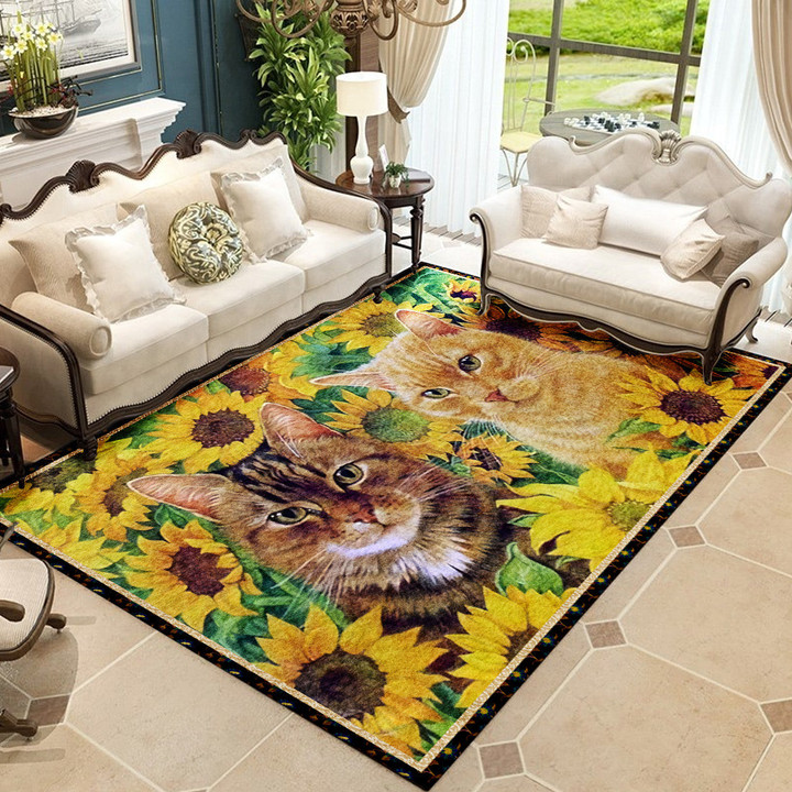 Couple Cats With Sunflowers Rectangle Rug Gift For Cat Lover