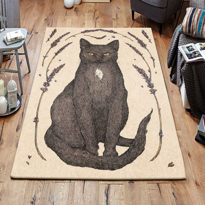 Portrait Cat With Lavender Rectangle Rug Gift For Cat Lover, Living Room & Outdoor Area Rug