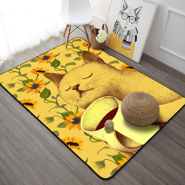 Cat With Sunflowers  Rectangle Rug Gift For Cat Lover
