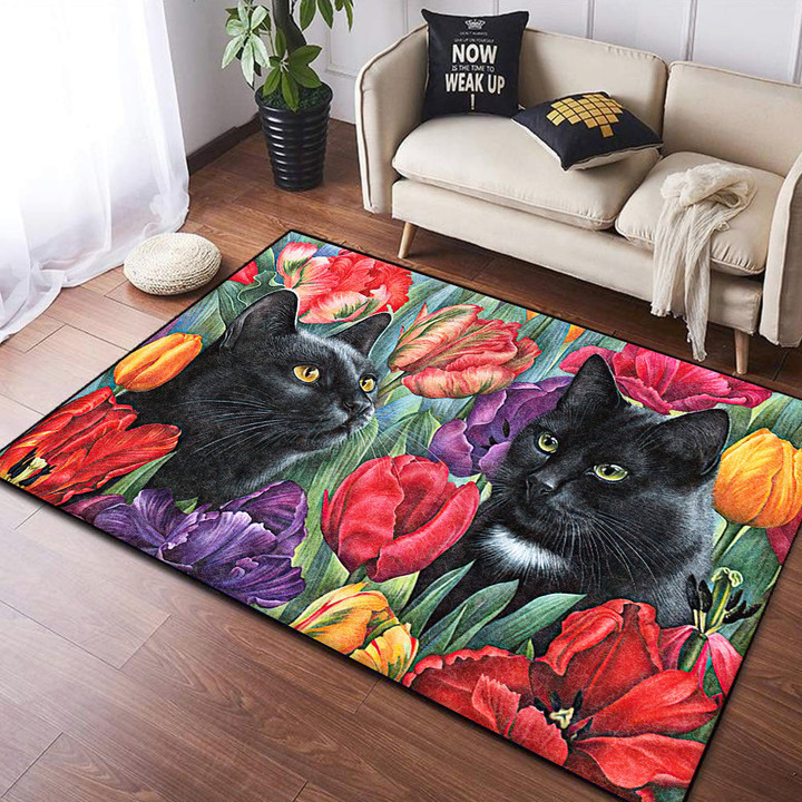 Cats With Tulips Rectangle Rug Gift For Cat Lover