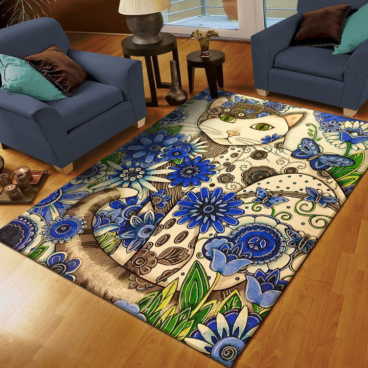 Cat With Flowers Rectangle Rug Gift For Cat Lover