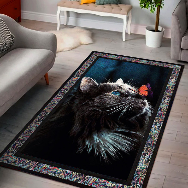 Cat With Butterfly Rectangle Rug Gift For Cat Lover