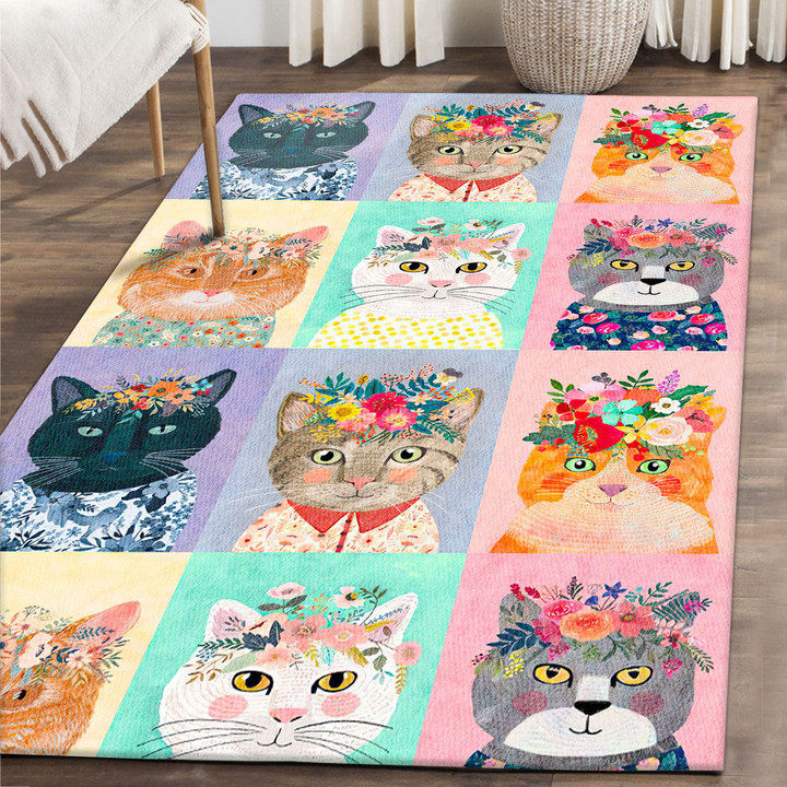 Beautiful Cat Flowers Rectangle Rug Gift For Cat Lover