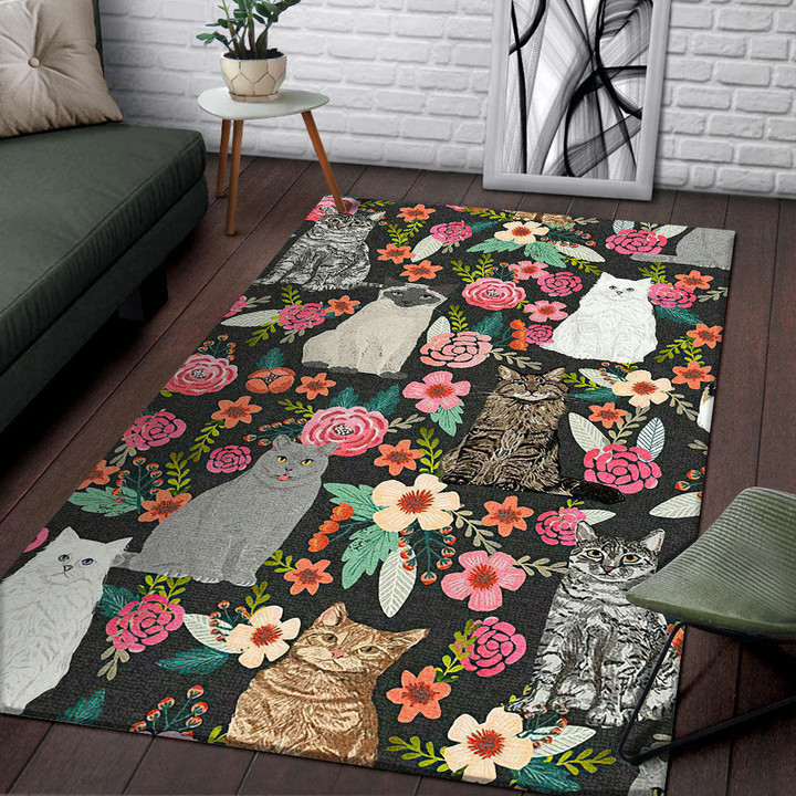 Cat With Roses Rectangle Rug Gift For Cat Lover Highlight For Home, Living Room & Outdoor Area Rug