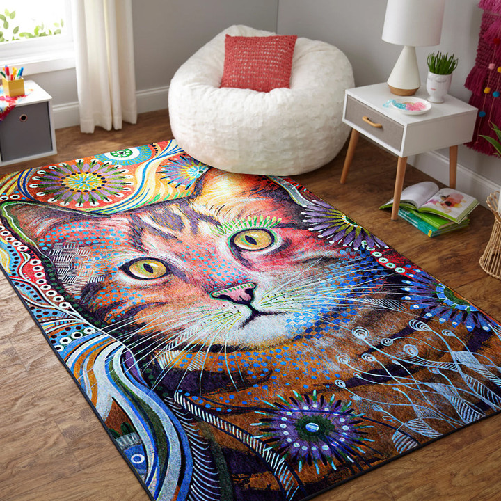 Colorful Cat With Pattern Rectangle Rug Gift For Cat Lover