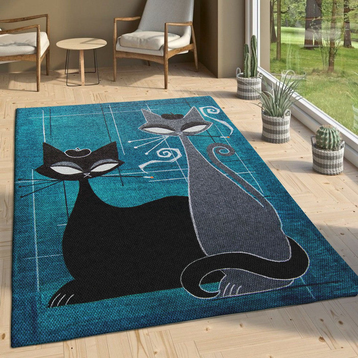 Couple Cats Blue Rectangle Rug Gift For Cat Lover