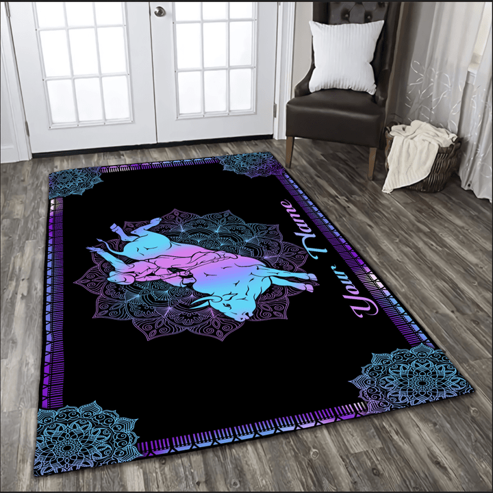 Personalized Name Bull Riding 3D Rug Mandala Highlight For Home, Living Room & Outdoor Area Rug