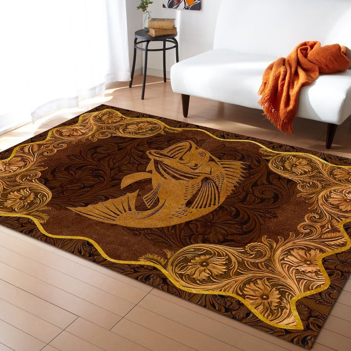 Love Bass Fish Antique Golden Frame 3D Printed Rug Highlight For Home, Living Room & Outdoor Area Rug