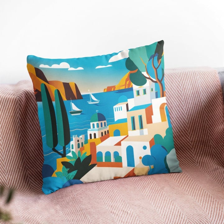 Santorini Greece Pattern Cushion Cover, Greek Island Summer Pillow by Homeezone