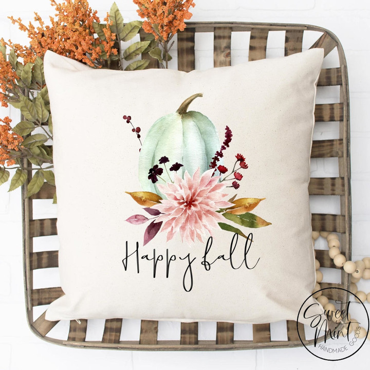 Happy Fall Floral w Blue Pumpkin Pillow Cover - Fall / Autumn Pillow Cover