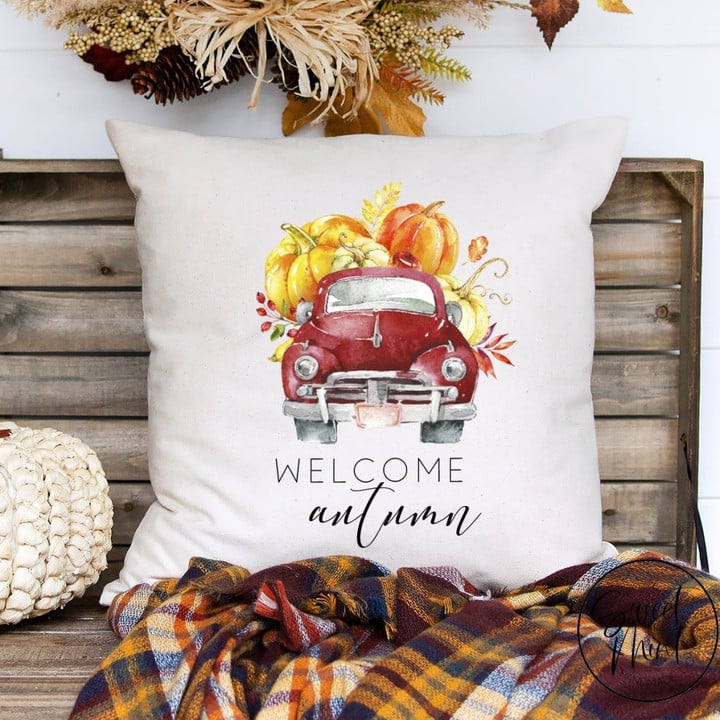 Welcome Autumn Pillow Cover - Red Vintage Pumpkin Truck
