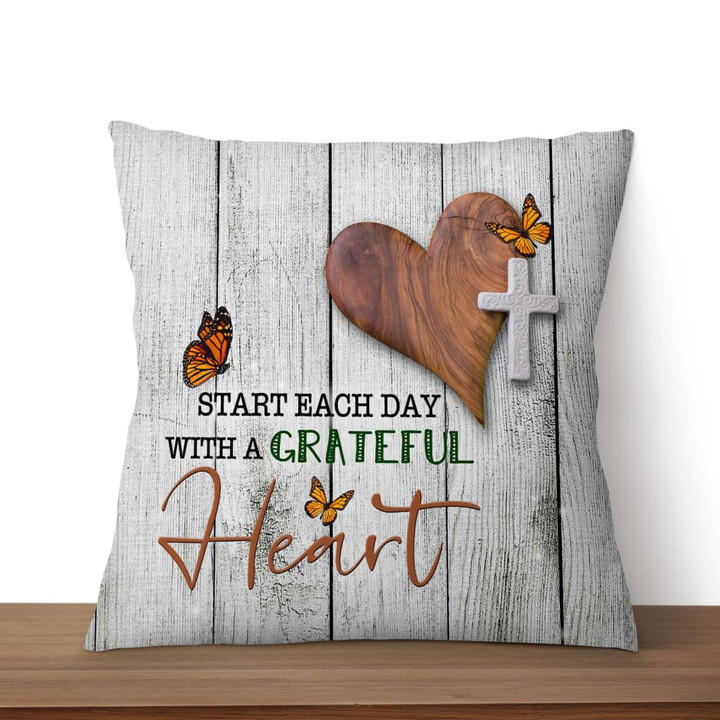 Bible Verse Pillow - Jesus Pillow - Heart Shape, Cross Symbol, Orange Butterfly - Gift For Christian- Start Each Day With A Grateful Heart Christian Pillow