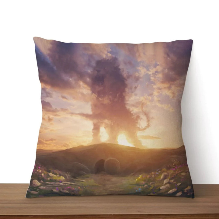 Jesus Pillow - Gift For Christian - Lion of Judah Above the Empty Tomb He is Risen Pillow, Easter Gifts