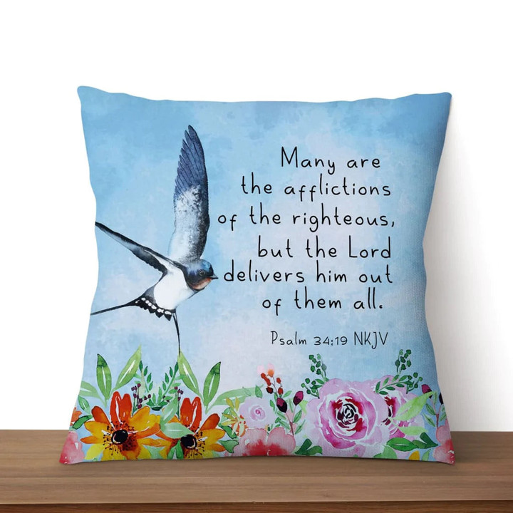 Bible Verse Pillow - Jesus Pillow - Flower Garden, Hummingbird Pillow - Gift For Christian - Many Are The Afflictions Of The Righteous Psalm 34:19 Pillow