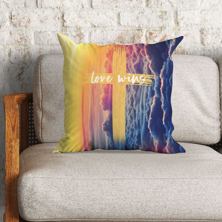 Bible Verse Pillow - Jesus Pillow - Cross Symbol, Rainbow Sky Pillow - Gift For Christian - Love Wins Christian Pillow