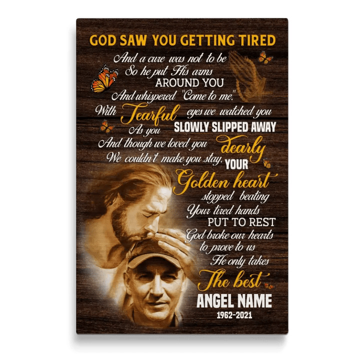 Personalized Canvas Prints, Custom Photo, Sympathy Gifts, Memorial Gift, Safe In The Arms Of Jesus, God God Saw You Getting Tired