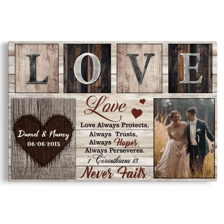 Personalized Canvas Prints Custom Photo, Couple Gift, Christian Wedding Gift Love Never Fails 1 Corinthians 13