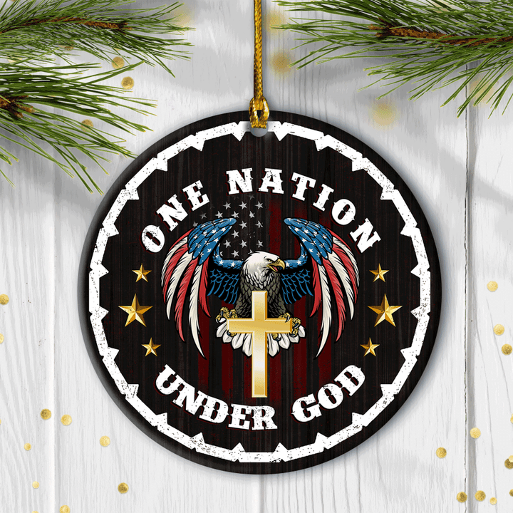 Jesus Circle Ceramic Ornament- Eagle, Cross - Christian Gift - One Nation Under God