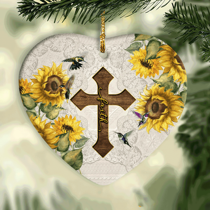 Jesus Heart Ceramic Ornament- Cross Faith, Sunflower, Hummingbird Heart Ceramic Ornament - Christian Gift